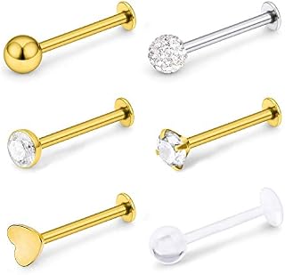 VFUN 16G Stainless Steel Labret Studs Monroe Lip Rings Retainer Cartilage Tragus Nail Conch Helix Earring Barbell Piercing Jewelry with Clear Diamond CZ for Women Men