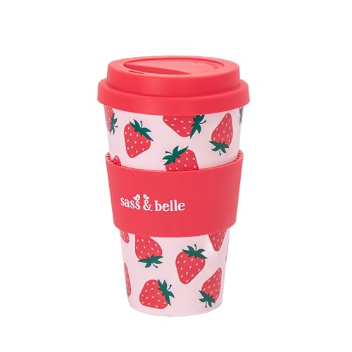 Sass & Belle Strawberry Travel Coffee Cup - Reusable Cup with Lid, Eco-Friendly Coffee Mug, Lightweight for Hot Drinks – Travel Mug for Work or Home – Fun Gift by Sass and Belle