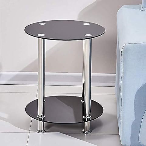 BOJU Modern Sofa Coffee Side Table Small for Living Room Black Glass Round End Table for Tea Snack Table with Storage 2 Tiers for Bedroom Corner Cover