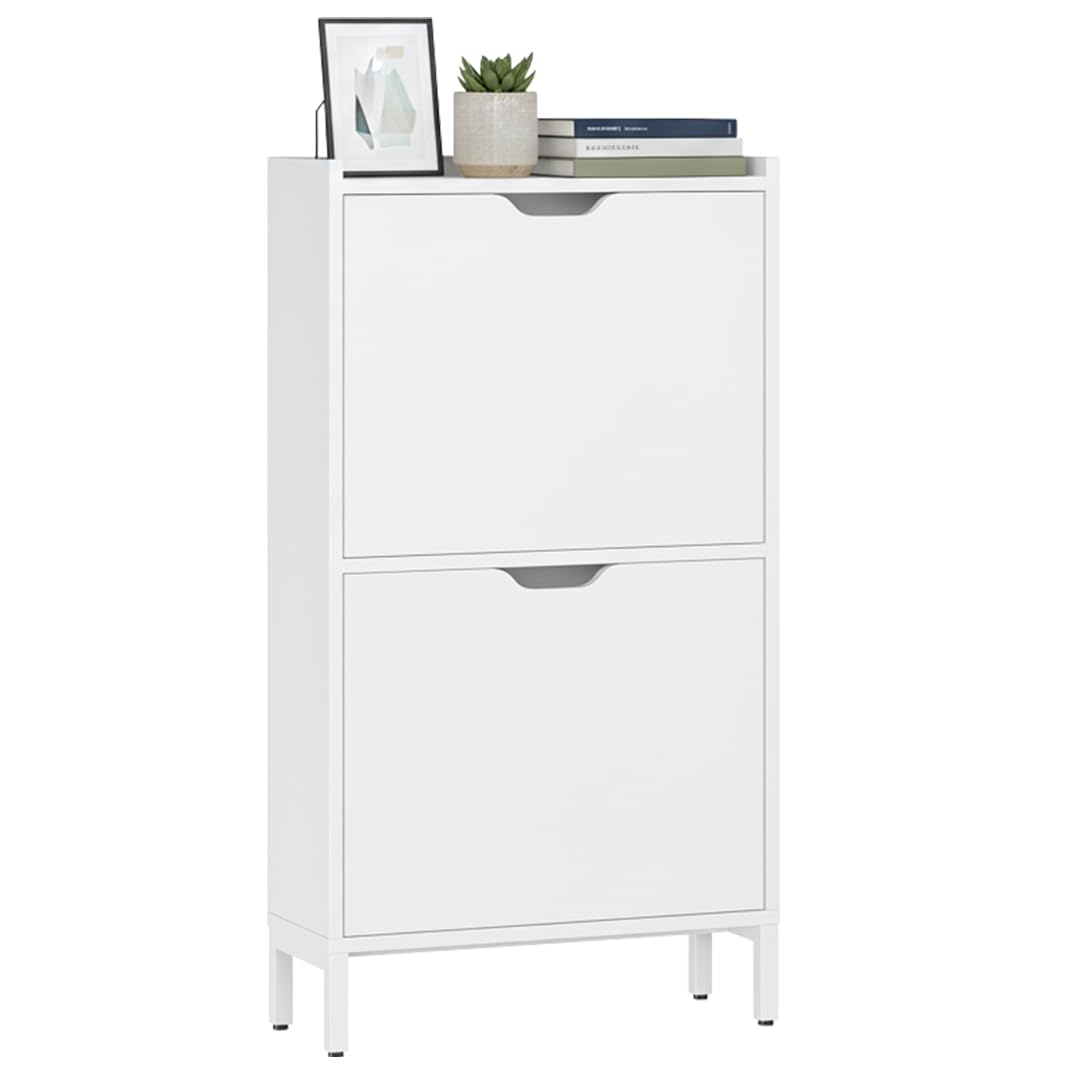 Bellamio Ceyhan Schuhschrank mit 2 Klappen – Schuhkipper weiß aus Holz – Schuhregal schmal 50x19x90cm – platzsparender Flurschrank mit 2 geschlossenen Fächern – Schuhkommode für Flur/Garderobe