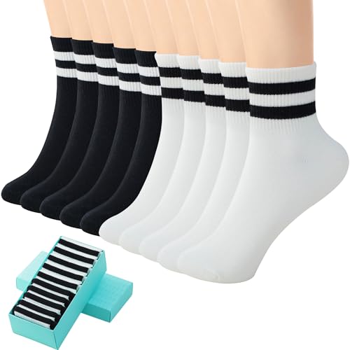 Image of SISOSOCK Quarter Crew Cotton Socks for Women Striped Athletic Casual Breathable Socks 10 Pairs with Gifts Box