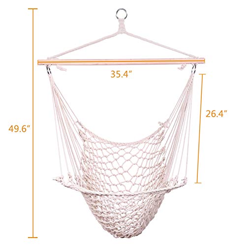 Hanging Hammock Chair Swing Seat With Soft Cotton Rope & Wooden Stick, 250Lbs Capacity For Indoor Outdoor Bedroom Garden Yard Patio Porch, Beige (1) #TOP1