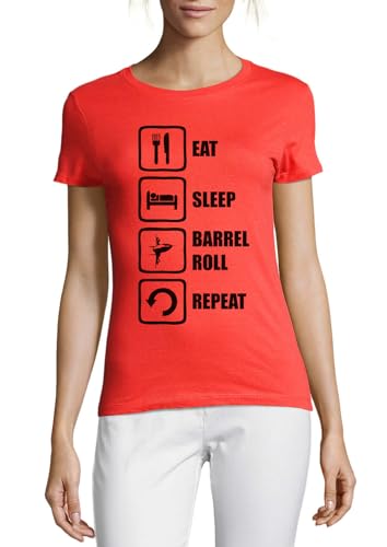T-shirt Barrel Roll pour femme en coton rouge à col rond pour passionnées d'aviation