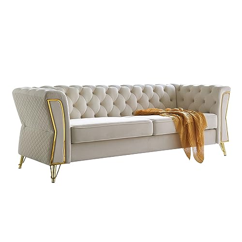 Image of KEIKI 87 inch Chesterfield Velvet Button Tufted Sofa with High Density Foam Cushions, Modern Style 3-Seater Couch with Gold Strip Trim Decoration, Easy Assembly, for Apartment, Living Room, Office, Beige