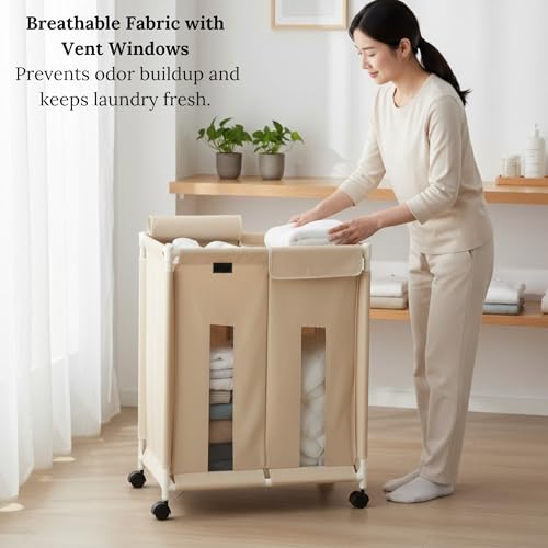 Image of 2-Section Laundry Basket with Wheels | Large 130L Rolling Hamper with Lid Cover | Foldable Oxford Fabric Laundry Organizer for Clothes Sorting | Durable, Dustproof & Portable (Off-White)