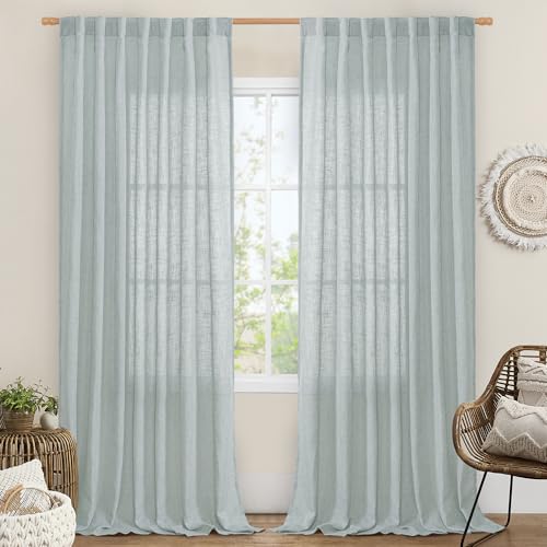 LAMIT Extra Wide Linen Curtains for Bedroom, Light Filtering Faux Linen Textured Panels Semi Sheer Back Tab and Rod Pocket Boho Drapes for Living Room/Farmhouse, 2 Panels, Greyish Blue, 60 x 84 Inch