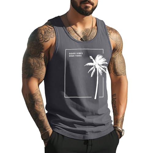 MYHALF Mens Tank Tops Beach Summer Sleeveless Shirts Graphic Palm Tree Vacation Tanks Muscle Gym Tank Top Grey