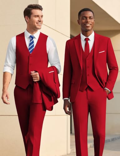 Image of WULFUL Men's Slim Fit Suit One Button 3-Piece Blazer Dress Business Wedding Party Jacket Vest & Pant