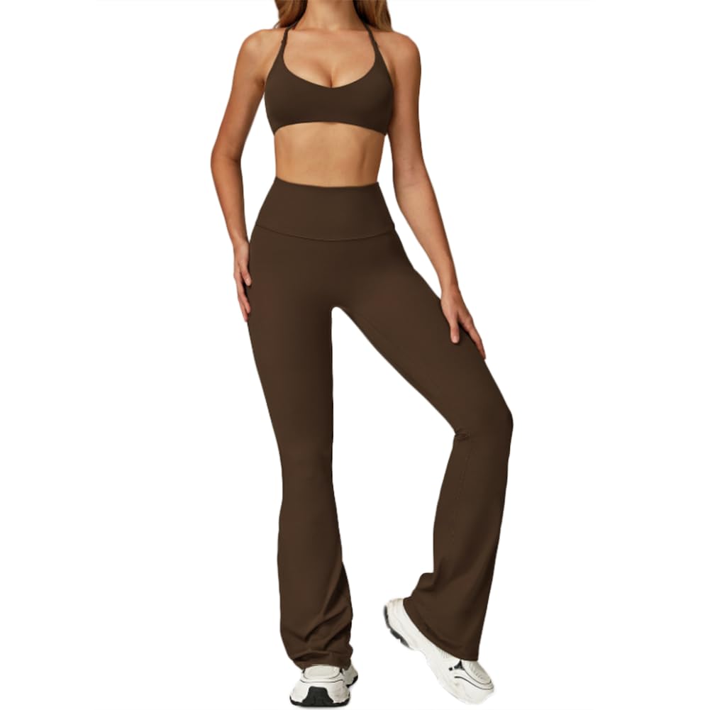 JPXJGT Women's Sexy Solid Crop Top and Leggings Set with Elastic Waist Breathable Gym Fitness Yoga Suit(Size:S,Color:Brown)
