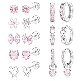 Finrezio 8 Pares Pendientes Niña Plata Hipoalergenicos Pendientes Mujer Acero Inoxidable con Cierre Plano Aros Pequeños Rosa Multicolor Circonita Mariposa Flor Piercing Oreja Niña Mujeres Corazón