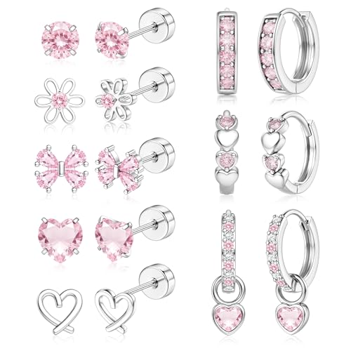 Finrezio 8 Paar Ohrringe Mädchen Chirurgenstahl Hypoallergene Ohrringe für Mädchen Damen Flachem Verschluss Ohrstecker Kinder Creolen mit Anhänger Zirkonia Piercing Ohr für Kinder Herz
