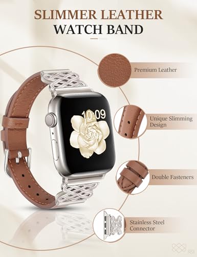 Image of Newlibery Leather Band for Women Slim Dressy Bands Compatible with Apple Watch 38mm 40mm 41mm 42mm 44mm 45mm 49mm, Designer Interlock Buckle Strap for iWatch Series 10 /9 /8 /7 /6 /5 /4 /3 /2 /1 /SE /Ultra