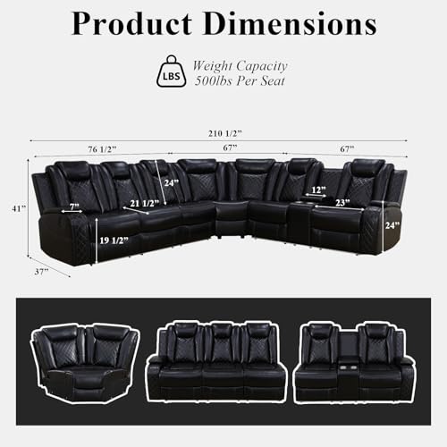 Image of Power Reclining Sectional Couch for Living Room, Black Leather Sectional Sofa Set with Recliner, LED Lights, Storage Console, Cup Holders, USB Ports, Home Theater Seating for Family Room