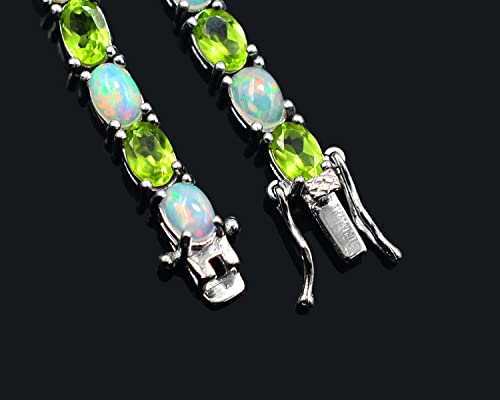 6X4 Mm Oval Natural Opal Cabochon & Peridot Gemstone 925 Sterling Silver Tennis Bracelet August Birthstone Peridot Jewelry Proposal Gift For Girlfriend (Br-8200) (Sterling Silver, 6 Inches) #TOP3
