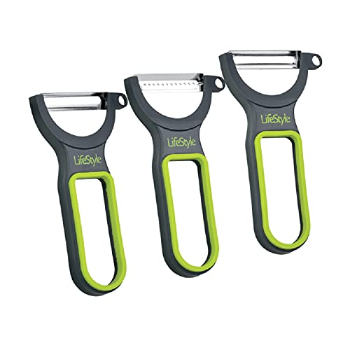 Tradineur - Juego de 3 peladores de verduras de acero inoxidable 13 cm con 3 cuchillas para tomate, juliana y fruta, estructura de plástico resistente, sujección cómoda, utensilios de cocina