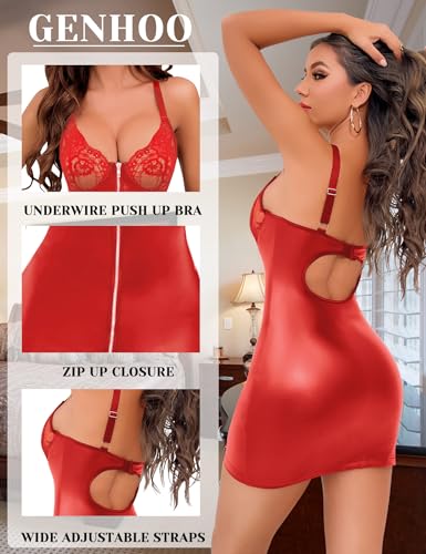 Genhoo Women\'s Lingerie Mini Dress Sexy Lace Chemise Deep V Leather Babydoll Underwire Push Up Nightwear Going Out Red S