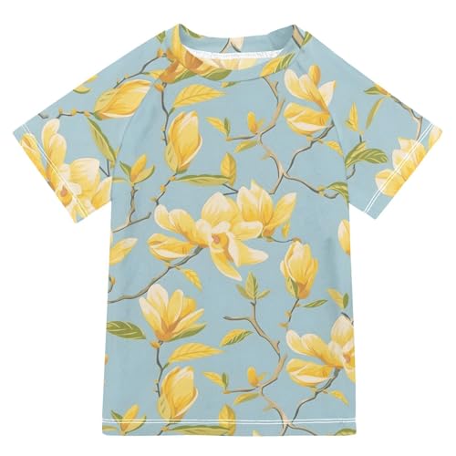 ALAZA Kids Rash Guard Girls Toddler Swim Shirts Short Sleeve Yellow Magnolia Flowers UPF 50+ 3T