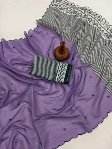 Image of Linen Cotton Saree with Black Mirror Work