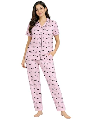 Image of Kuchipoo Women's 100% Cotton Nightwear Pajama Set | Printed Half Sleeve Button-Down Top & Full Length Pyjama | Soft Comfortable Sleepwear