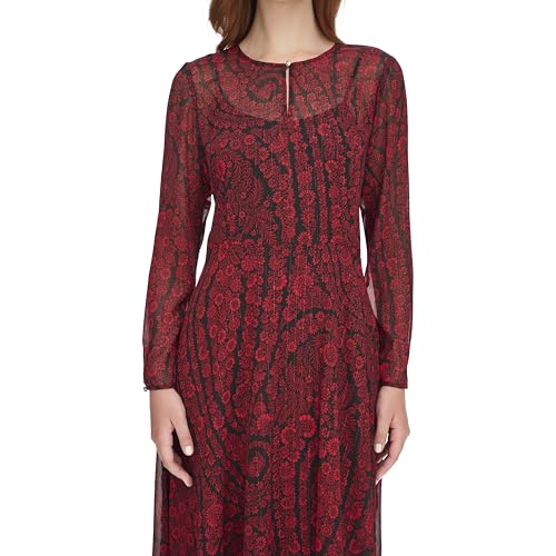 Image of Tommy Hilfiger Women's Long Sleeve Keyhole Neck Chiffon Hi-lo Midi Dress