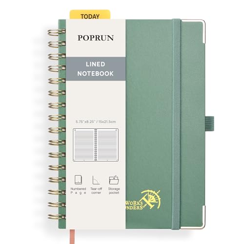 POPRUN Cuaderno de Notas con Espiral, Página de Banner, Tamaño A5, Papel Grueso de 120 GSM, 141 Páginas Numeradas, con Bolsillo, Pestañas de Indice, 8 Hojas Perforadas, Verde Medianoche
