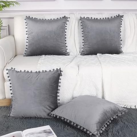 Pack of 4 Decorative Throw Pillow Covers with Pom Poms Soft Pillow Case Velvet Solid Cushion Covers Square Cushion Cases with balls for Sofa Home Bedroom Car (Light Grey, 18x18in/45x45cm) Cover
