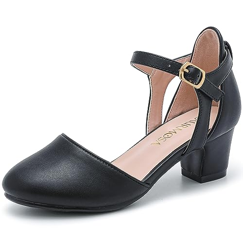 Image of LAURMOSA Girls Dress Shoes Closed Toe Pumps High Heels for Little Big Kid | Flower Shoes for Girls, 1.75-inch Chunky Heel, Ankle Strap, Closed Toe, Wedding, Party, Church, Graduation, First Communion