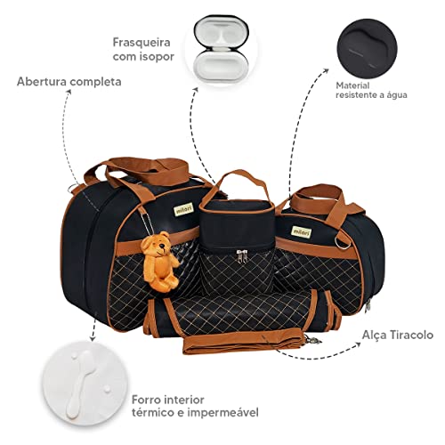 Kit de Bolsas Maternidade Bordado Matelassê Detalhe Marrom Térmico Impermeável Cor: Preto