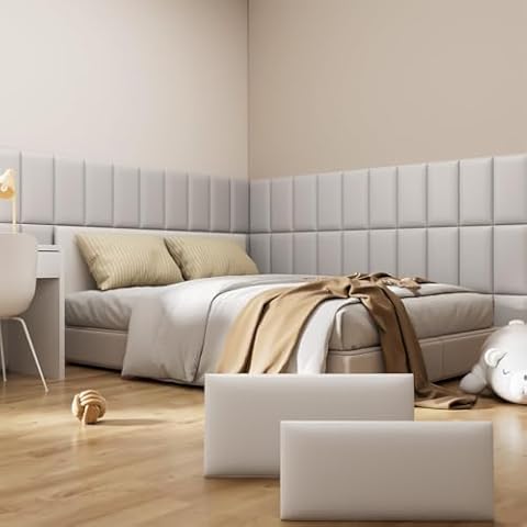 Greymond Peel and Stick Headboard Grey Upholstered Wall Panels, 10 Panels Sized 7.8" x 15.7", 3D Anti-Collision Soundproof Self-Adhesive Wall Panel for Bedroom Cover