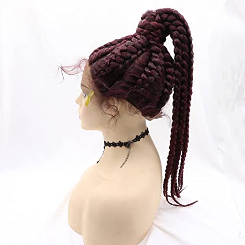 Xiweiya Wigs Burgundy Color 8Braids Synthetic Braid Lace Front Wigs For Women Hair 100% HandMade Synthetic High Ponytails Lace Braids Wig - Image 4