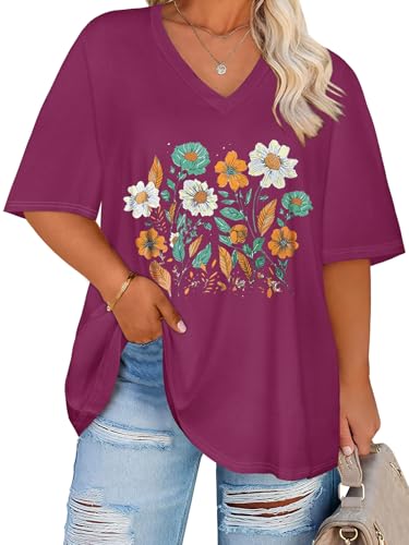 rosemia Plus Size Graphic Tees for Women Oversized Tshirts Casual V Neck Short Sleeves Tops 2026, Purple Flower, 3X-Large