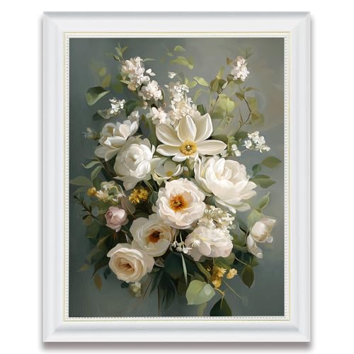 White Frame White Floral Wall Art Canvas Print, Vintage Botanical