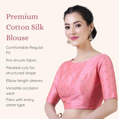 Image of Studio Shringaar Women Cotton Silk Silky Brocade Readymade Elbow Length Sleeves Saree Blouse Choli