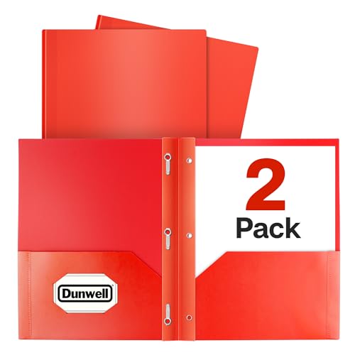 Dunwell Plastic 2-Pocket Folders with 3 Prongs, (2 Pack, Red), Durable Acid-Free Poly is Cleanable, Tear Resistant, 3-Clasp Document Holder, Labels Included
