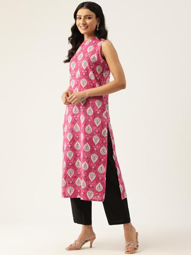 Image of feranoid Unique Printed Choker Neck Back Button Sleeveless Long Kurti