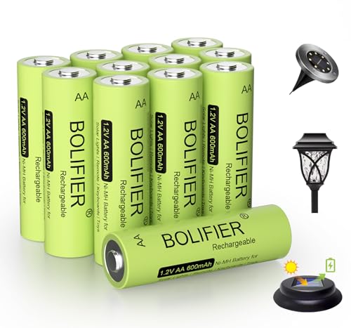 BOLIFIER Rechargeable AA Battery for Outdoor Solar Lights 12 Pack 1.2V NiMH 600mAh Pre-Charged Double A Solar Battery for Garden Landscaping Outdoor Solar Lights (AA 600mAh Pack 12)