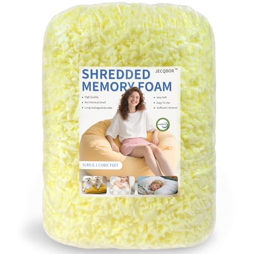 Jecqbor Bean Bag Filler: High-Density Ergonomic 5lbs Shredded Memory Foam Filling with Vacuum-Packed DIY Stuffing for Dog Beds, Punching Pillows & Kids Bean Bag Chair Refills