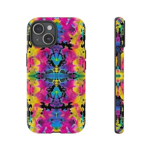 Coque iPhone 15 rigide brillante au style artistique unique et coloré