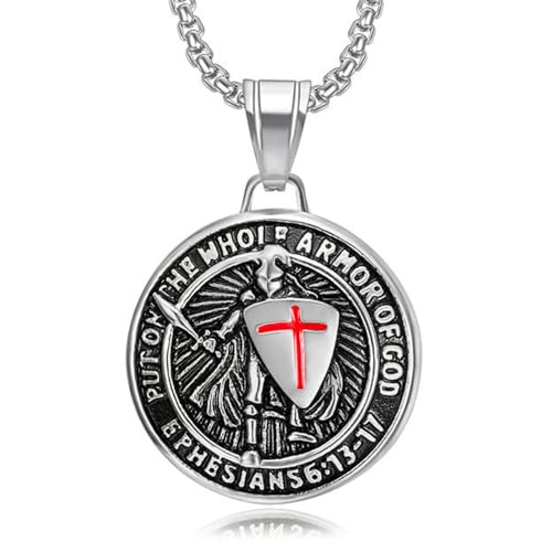 Armor of God Cross Pendant Necklace, Shield of Faith, Ephesians 6:16-17, Religious Amulet, Knights Templar Crusader, Stainless Steel 24