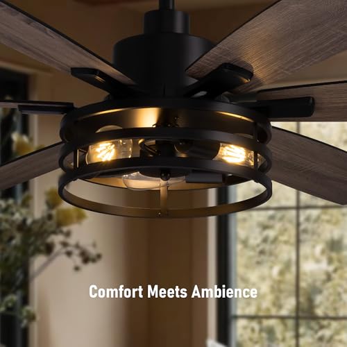 Image of Farmhouse 60 Inch Ceiling Fan with Remote and App Control, Quiet 6-Speed Reversible DC Motor, Black Cage Design for Bedroom, Living Room, Covered Patio
