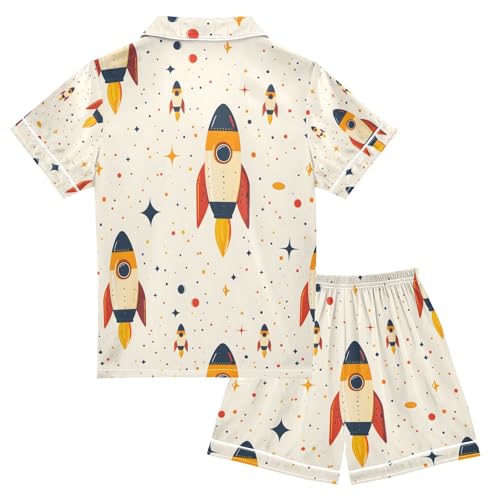 senya Cartoon Rocket A Satin Summer Pajama Sets Silk Short Sleeve Button Down Sleepwear2