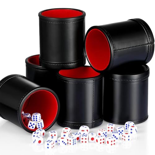 Skylety 6 Pcs PU Leather Dice Cups Set, Red Leatherette Felt Lining Quiet Shaker with 30 Dices Liars dice Game for Craps Farkle Casino Game Family Bar