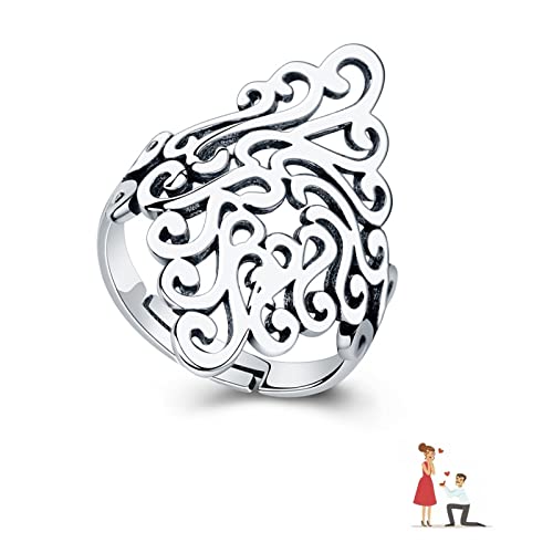 Manqyi Damen Ring Breit, Verstellbar Damenringe, Damen Silberring Vintage, Damen Breit Silber Hohl Blätter Ring, Einstellbar Öffnen Stil Ring mit Geschenkebox für Weihnachten Valentinstag Verlorbung