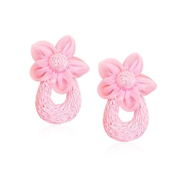 Stylish Ratten Straw Fabric Flower Earrings Bohemian Handmade Dangle Drop Earrings for Women Lightweight Summer Beach Party Jewelry