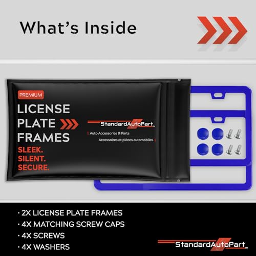 Image of Premium Slim Blue License Plate Frames - 2 Pack, Rust-Free Stainless Steel & Rattle-Free, Street Legal, Universal with Screw Caps, Thin Metal Front & Rear Car Tag Holders Unisex