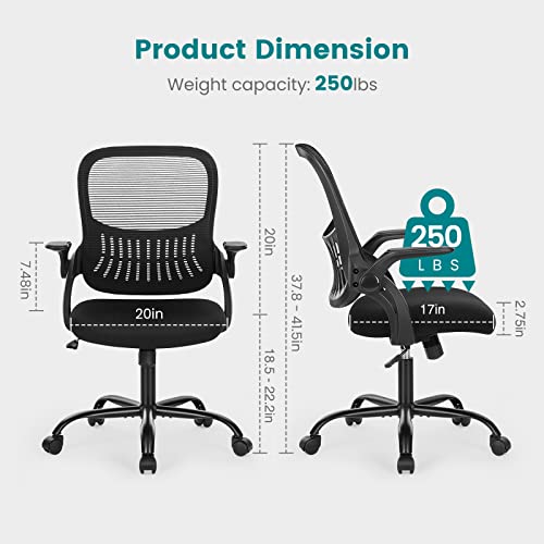 Image of DUMOS Office Computer Desk Chair, Ergonomic Mid-Back Mesh Rolling Work Swivel Task Chairs with Wheels, Comfortable Lumbar Support, Comfy Flip-up Arms for Home, Bedroom, Study, Student, Black