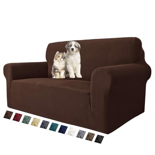 MAXIJIN Stretch Loveseat Sofa Slipcovers 1 piece Love Seat Couch Covers for 2 Cushion Couch Non Slip Sofa Cover Washable Dog Cat Proof Furniture Protector Pet Friendly (Loveseat, Coffee)