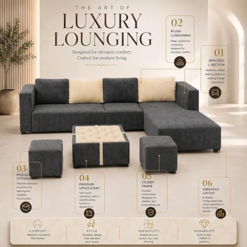 Image of FURNY Olympus 8 Seater RHS L Shape Sofa Set | Plush Velvet Suede Fabric | Modern Design | Soft Comfort Dual Color Cushions for Living Room, Office & Hotels (Dark Grey-Cream)