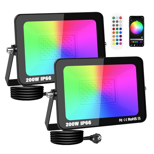 PICAA 2 Piezas 200W Foco Led RGB Exterior, 20000LM APP Control Remoto Proyector Led, Cambio de Color RGBW Estroboscópico, Luz de Pared para Jardín, Fiestas, Terraza