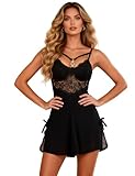 comeondear Modal Underwired Babydoll Lingerie for Women with G String, Side Slits Chemise Nightdress Soft Lace Nightie Slips Sexy Nightwear Valentines Gifts for Her, Black UK 14